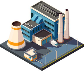 isometric factory complex with pipes, vector illustration
