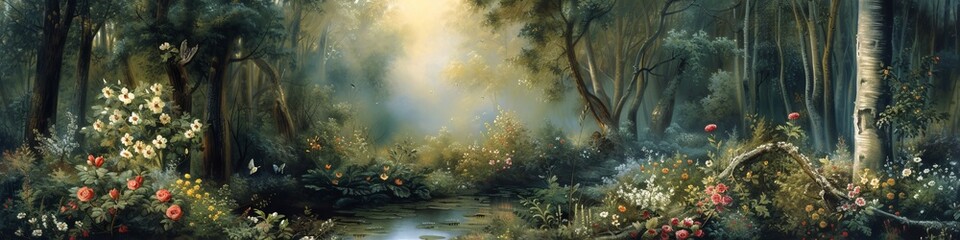 The Garden of Eden in tranquil splendor, its lush, verdant landscapes filled with blooming flowers and fruit-laden trees, a gentle river meandering through, all under a sky of perpetual spring - obrazy, fototapety, plakaty