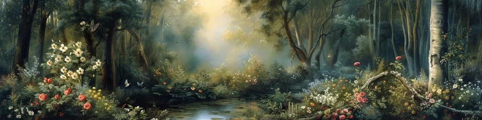 Poster The Garden of Eden in tranquil splendor, its lush, verdant landscapes filled with blooming flowers and fruit-laden trees, a gentle river meandering through, all under a sky of perpetual spring © Bilas AI