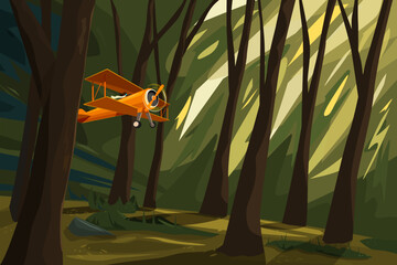 orange plane flies through a dense forest, vector illustration