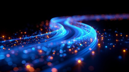 A blue streak of light, a fiber optic line, and a speed line, futuristic background for wireless data transmission or a high-speed internet in abstract form. The concept of an internet network is