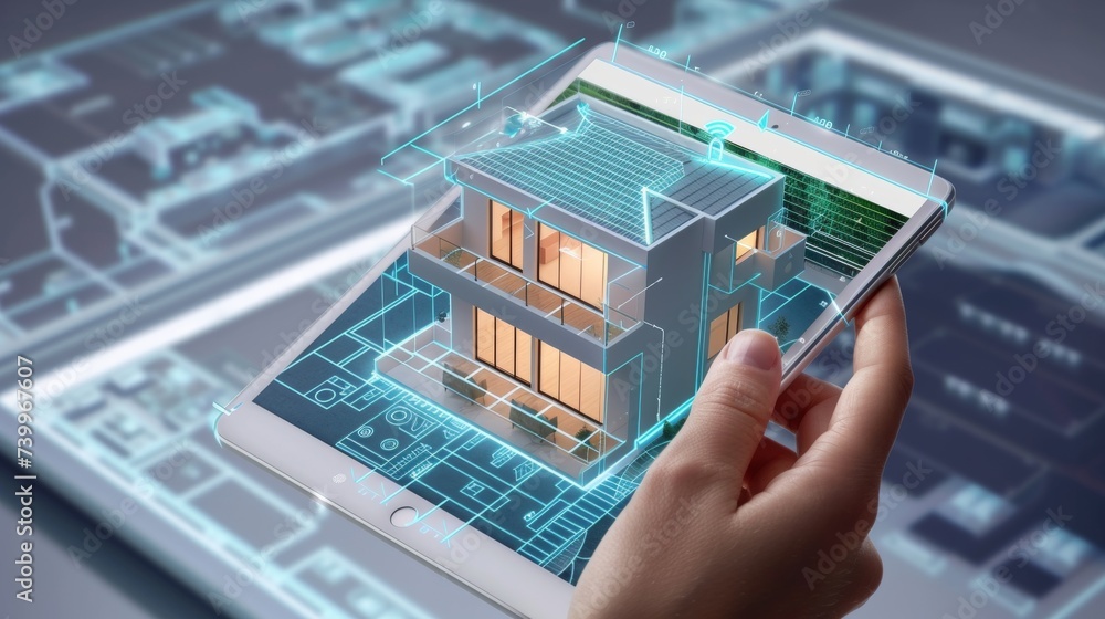 Poster A home security system that controls locks, doors, and windows over the internet of things using a tablet application. 3D house plan x-ray. Hand touch on tablet screen. Hand touching on tablet screen.