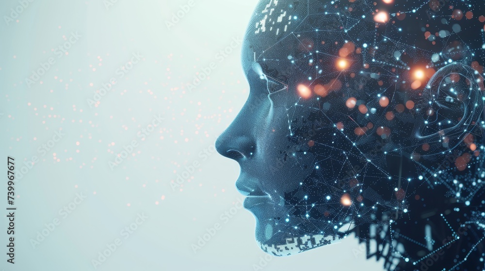 Leinwandbilder In the future, artificial intelligence will be found in humanoid heads with neural networks. AI is integrating big data and analyzing it using a digital brain. Artificial intelligence in the future