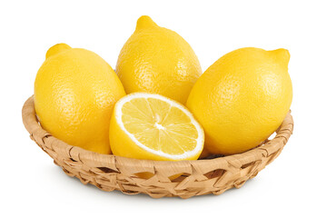 Ripe lemons in wicker basket isolated on white background