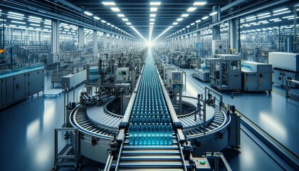 Futuristic Conveyor Belt in Industrial Manufacturing Plant - obrazy, fototapety, plakaty