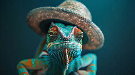 the most colorful chameleon wearing a gambler hat , award-winning photography, high realism, depth of field