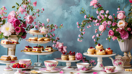 Afternoon tea, English tradition and restaurant service, tea cups, cakes, scones, sanwiches and desserts, holiday table decor and afternoon tea stand with pink flowers - obrazy, fototapety, plakaty