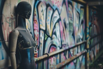 faded mannequin leaning against a graffiti wall