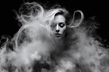 With her eyes closed and her hair blending with the mist, a stunning model girl with an exquisite hairstyle and makeup exudes happiness.