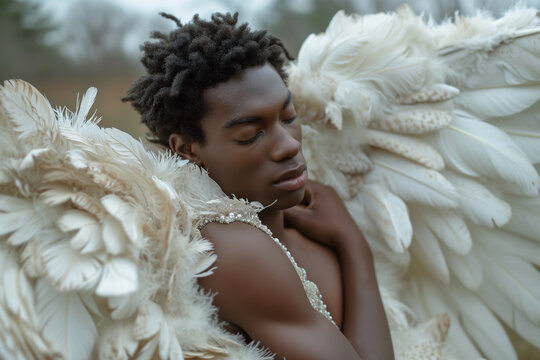 Fototapeta Serene man with angel wings embracing beauty and calm Generative AI image