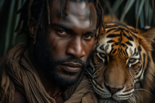 Generative AI illustration of intense close-up of a black man with tribal face paint gazing intently alongside a tiger, symbolizing a deep connection with the wild