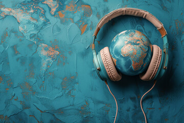 Planet earth with headphone, world music day, listening to global sound and acoustic wave, love and emotion