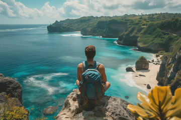 Solo traveler overlooking a serene beach cove Generative AI image