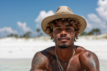 Young man with tattoos enjoying a sunny day at the beach Generative AI image