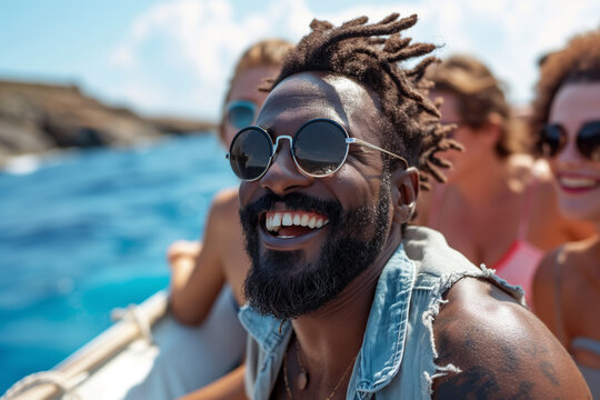 Joyful boat trip with friends under the summer sun Generative AI image