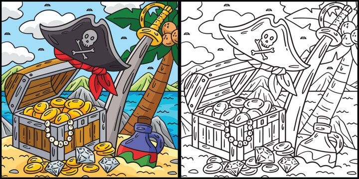 Pirate Treasure, Hat, and Cutlass Illustration