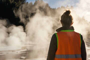 Obraz premium individual in safety vest observing geothermal steam vents outdoors