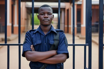 security guard with arms crossed in front of a gate - obrazy, fototapety, plakaty