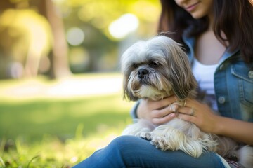 woman pampering shih tzu on her lap in a park