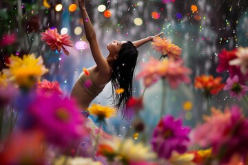 dancer amidst rainsplashed colorful flowers