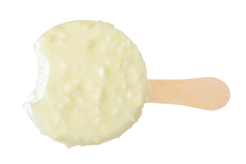 Bitten coconut Ice cream bar with white chocolate coating isolated on white background.