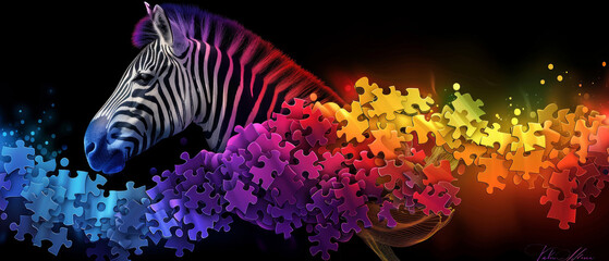 Concept of zebra for HPI. Zebra looking at colorful brain, puzzle pieces. Highly Potent Individuals, intelligence, sensitivity, uniqueness of personality. Challenge of diversity. Modern psychology.