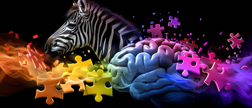Concept of zebra for HPI. Zebra looking at colorful brain, puzzle pieces. Highly Potent Individuals, intelligence, sensitivity, uniqueness of personality. Challenge of diversity. Modern psychology.