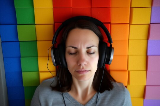 woman with closedback headphones, colorful soundproofing foam behind