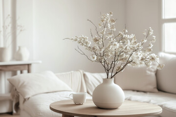 Fototapeta na wymiar Tranquil Scandinavian Home Aesthetic. A serene, minimalist living space with white decor, a blossoming vase, and a cozy couch bathed in soft daylight.