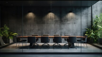Front view of empty modern conference room with office table and chairs with dark cement wall in glass room