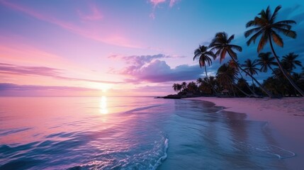 Fototapeta na wymiar A Paradise of White Sand, Purple Sky, and Palm Trees in the Pacific