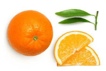 Orange fruit with slices isolated on white background. Top view. Flat lay.