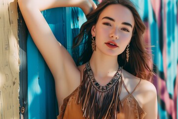 model posing with a boho fringe necklace