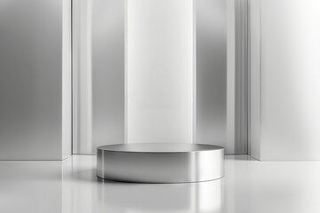 A sleek silver podium stands at the center of a reflective room with a minimalist, modern design aesthetic.
