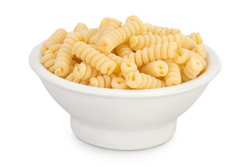 Italian spiral shaped pasta, Fusilli bucati macaroni in ceramic bowl, isolated on white background