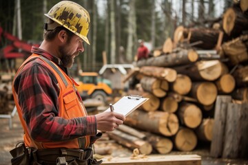 lumberjack making notes on a clipboard at sawmill - obrazy, fototapety, plakaty