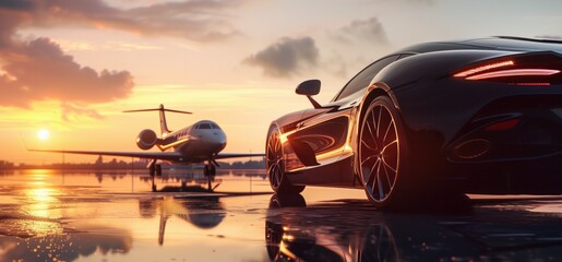 luxury sports car parked on the wet tarmac at sunset and a private jet in the background, suggesting wealth and high status. - obrazy, fototapety, plakaty