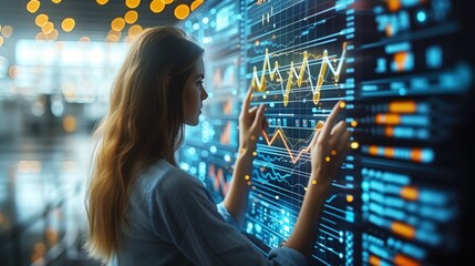 woman interacting with a large interactive digital interface full of sophisticated data visualizations and graphs, perhaps in a control room or analytics service.