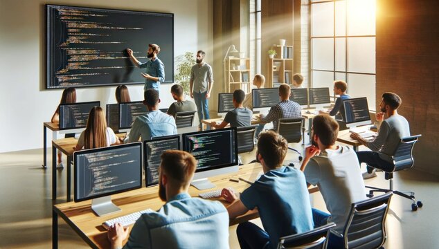seminar or coding class. The facilitator is pointing to a large screen with code, and students are working on computers, engaged in learning or collaborative software development.