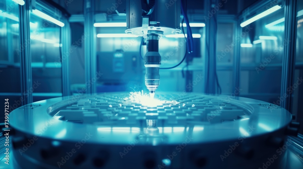 Poster the high-tech process of laser engraving or 3d printing with a robotic arm