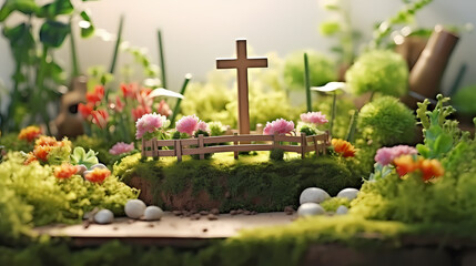 Miniature Easter Garden to celebrate the Christian Easter Day - obrazy, fototapety, plakaty