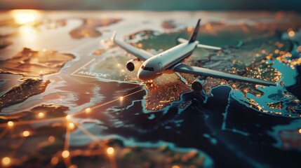 airplane model flying over a stylized map with illuminated cities, symbolizing global air travel and connectivity.