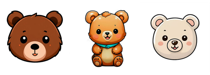 Set of funny bears on a transparent background. Cartoon characters. Sticker illustrations.