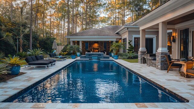 A luxurious backyard featuring a swimming pool and patio area, perfect for leisure and entertaining in a private home setting.© Kristian