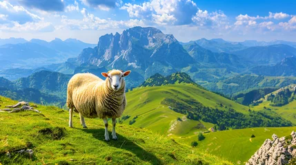 Papier Peint photo Lavable Destinations Sheep animal in the nice green.