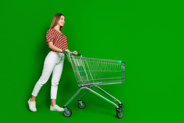 Full length photo of optimistic teen dressed print blouse look empty space in supermarket with...
