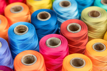 Assorted vibrant cotton threads on fabric background 