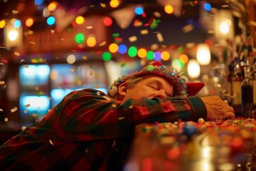 Obraz premium partygoer in festive hat, napping at bar amidst confetti