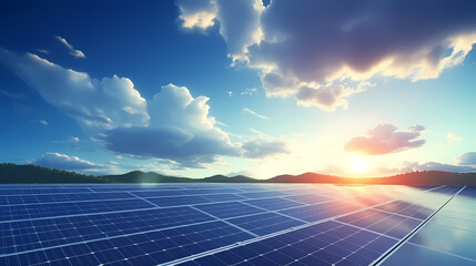 Large solar panel with bright sun on it - obrazy, fototapety, plakaty