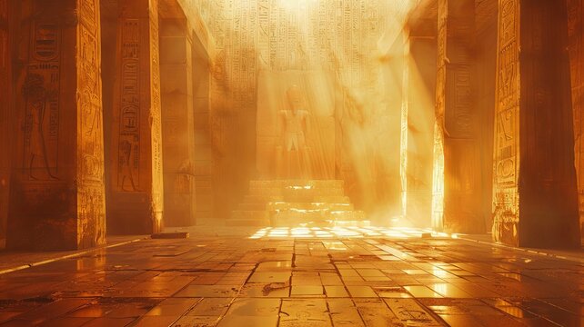 Inside the secret tomb of an Egyptian King, pyramid interiors illuminated by natural light with hieroglyphs on the walls.

